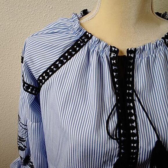 MANGO USA Blue and Black Relaxed Striped Embroidery Women's Blouses Size S - Picture 6 of 16